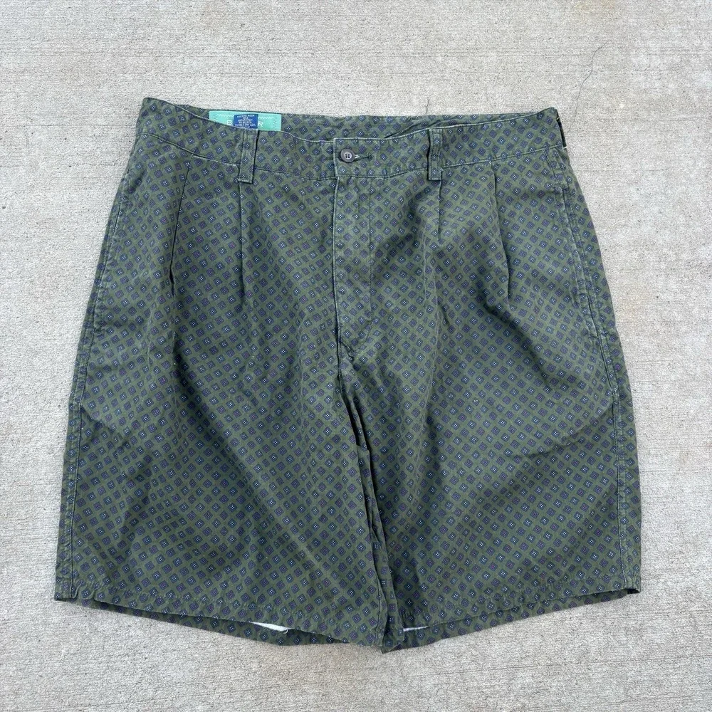 Baxter Grand Shorts Mens 36 Green Geometric Cotton Pleated Chino Casual 9 Inseam